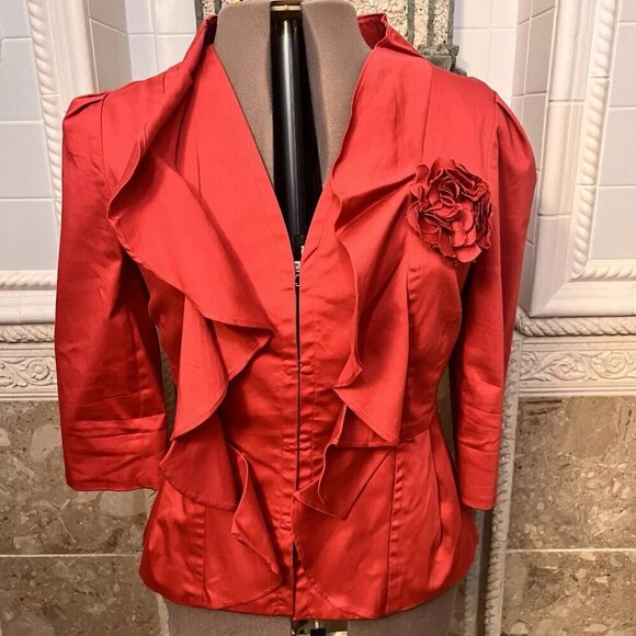 ELLE. Size Large. Cotton Ruffled Hook Front Jacket or Top. Red. Peplum. D - Picture 1 of 6